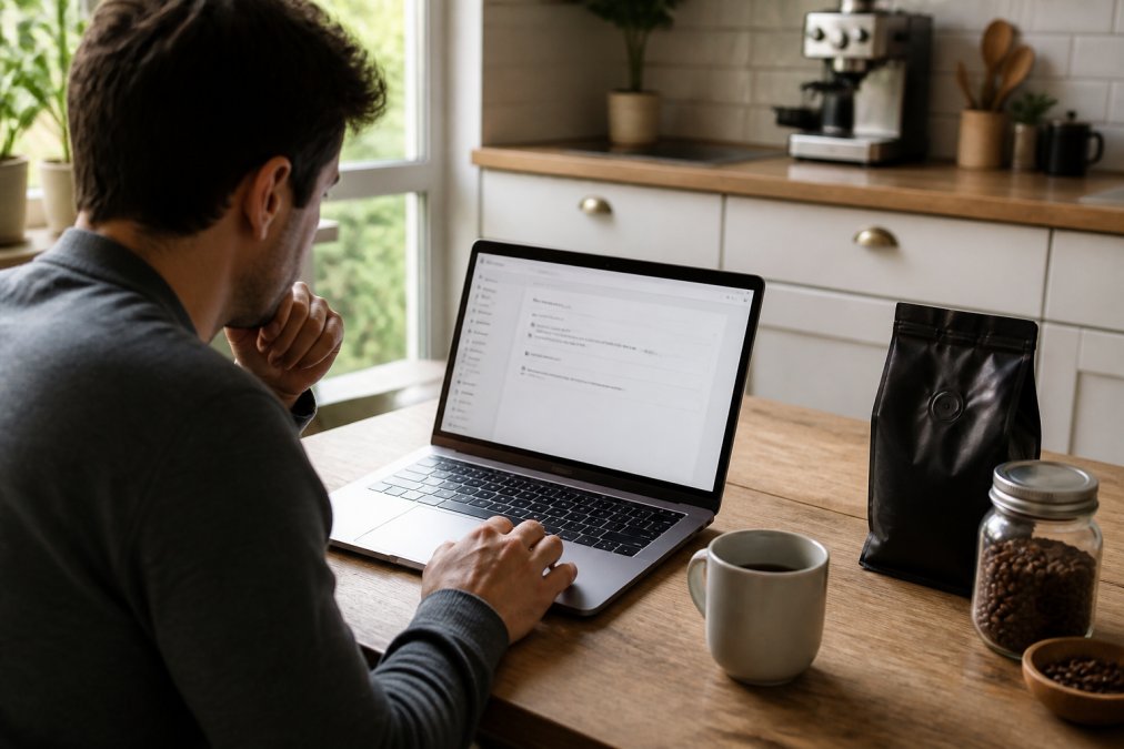 A person sitting at a kitchen table with a laptop open to a subscription account dashboard, a bag of coffee beans and a mug nearby, natural morning light