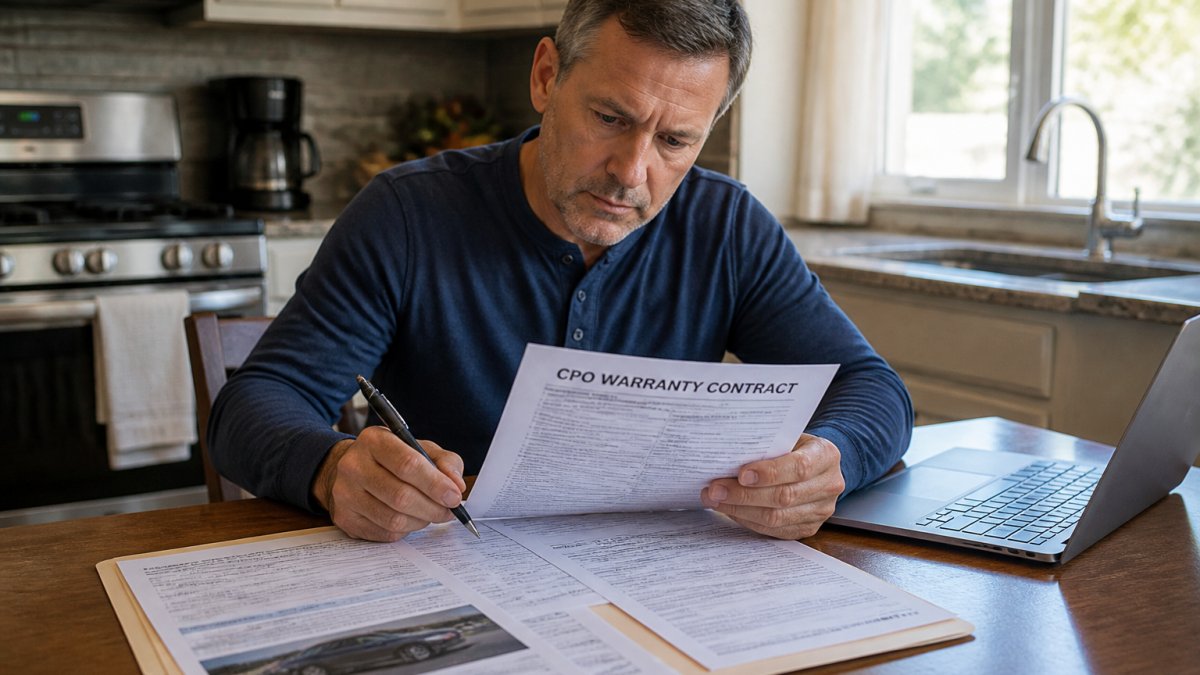 A person at a kitchen table reviewing a CPO warranty contract and vehicle purchase documents, pen in hand, with a laptop open nearby
