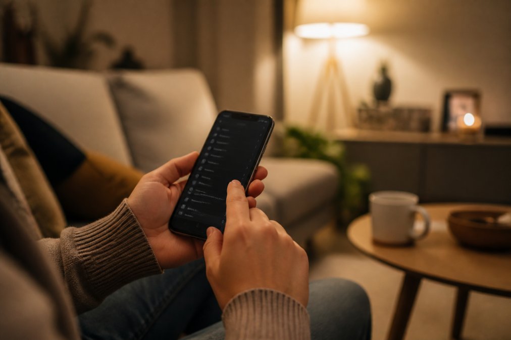 A close-up of a person's hands holding a smartphone, with the screen showing a generic account settings menu, softly lit living room in the background suggesting a relaxed evening