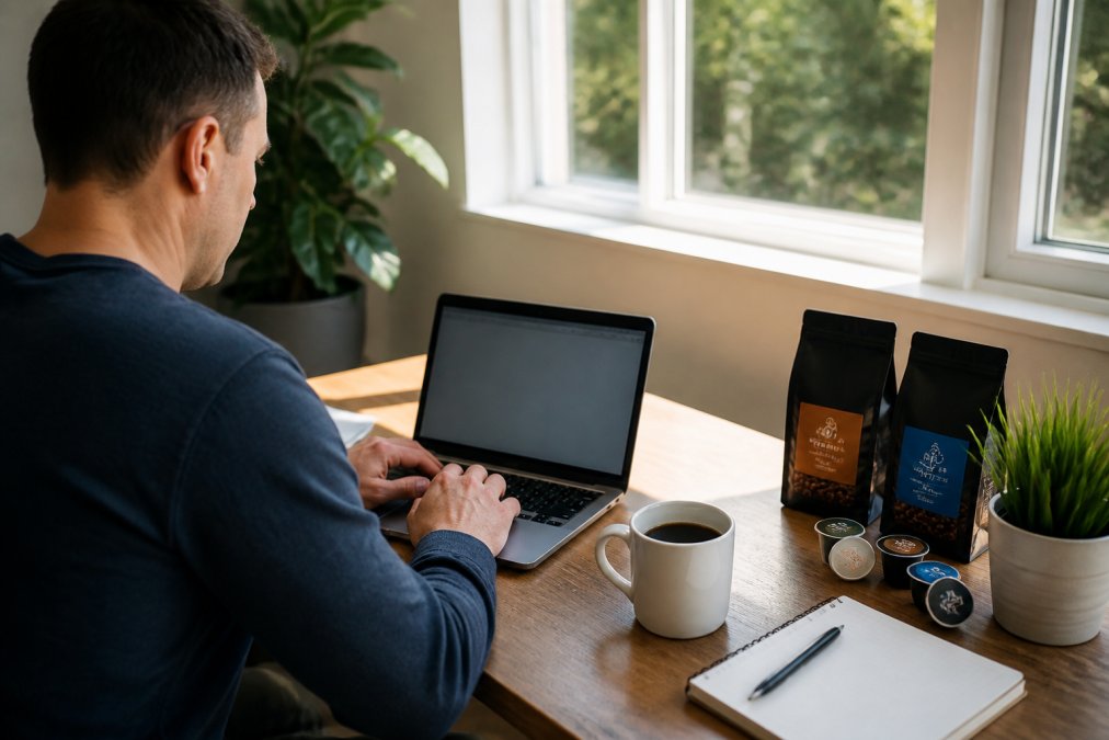 Person sitting at a desk with a laptop and coffee cup, logging into their account on a bright morning, focused on the screen