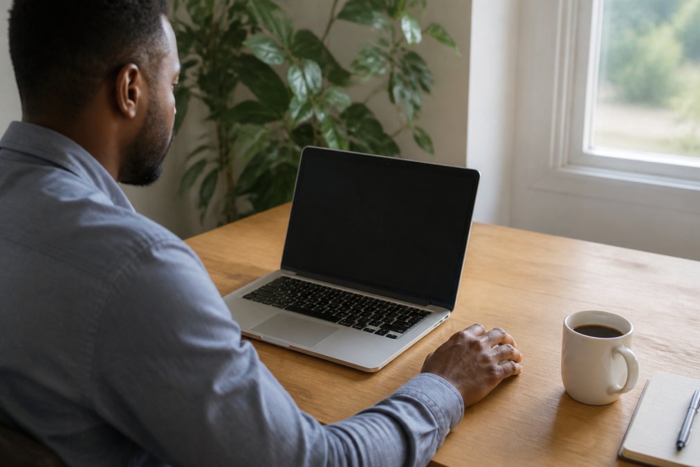 Person sitting at home office desk with laptop open, hand on mouse, looking at subscription account dashboard on screen with coffee cup nearby on desk, natural daylight from window