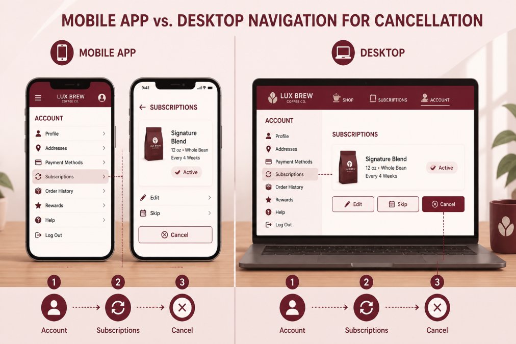 Split-screen view showing a smartphone and laptop side-by-side on a wooden desk, both displaying subscription management interfaces with account settings visible, in natural daylight