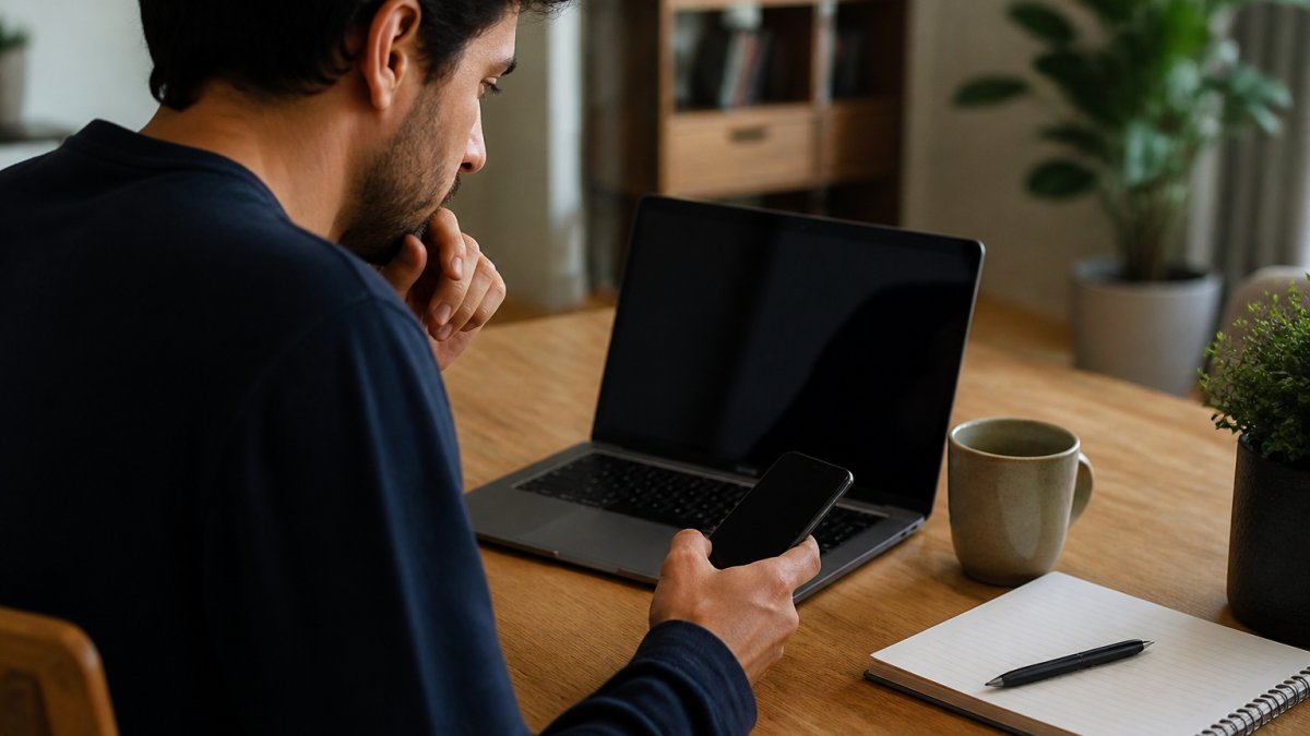 Person sitting at desk with laptop and smartphone side-by-side, reviewing account settings and subscription confirmation emails