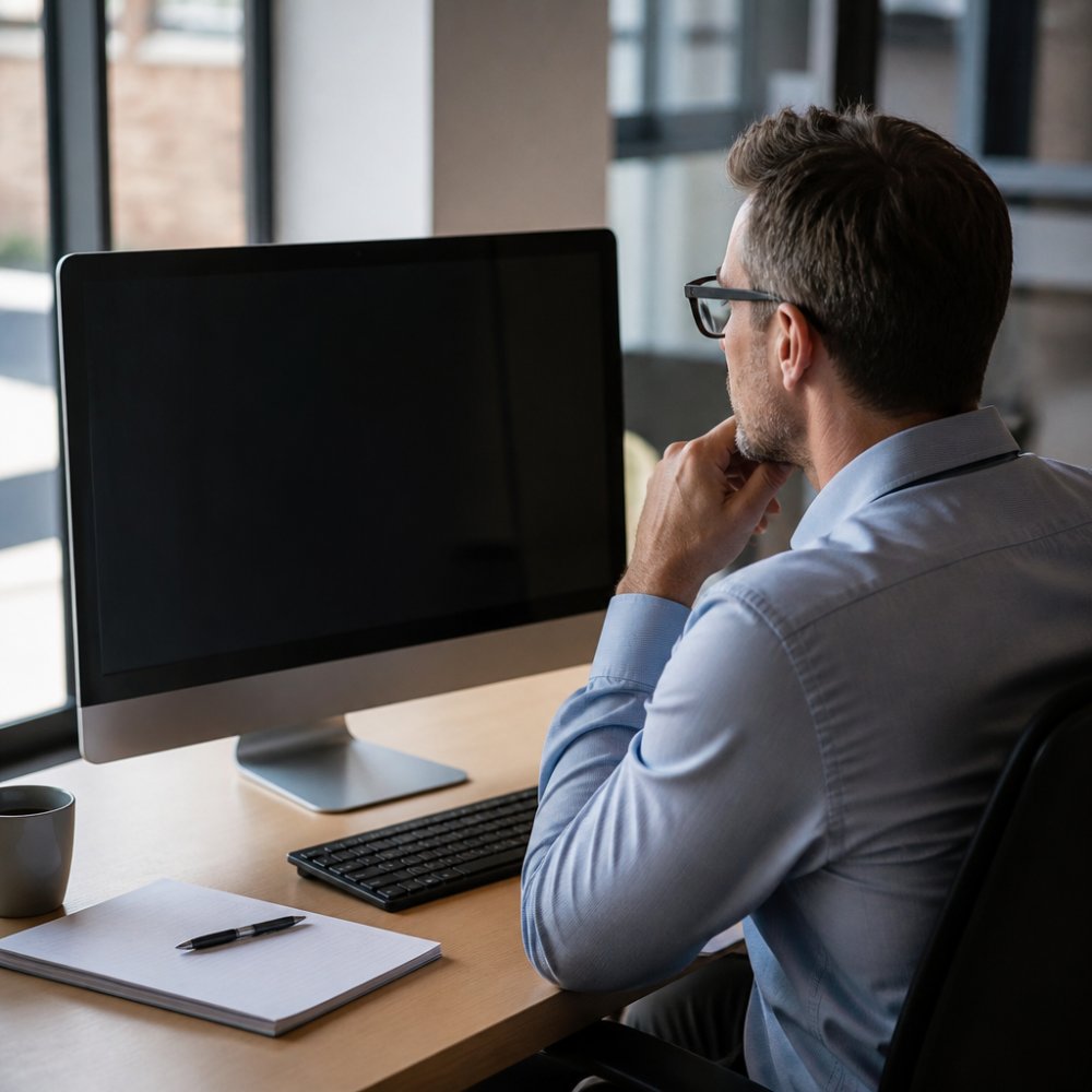 Professional business analyst reviewing visitor identification data and analytics dashboard on computer monitor in modern office with natural lighting