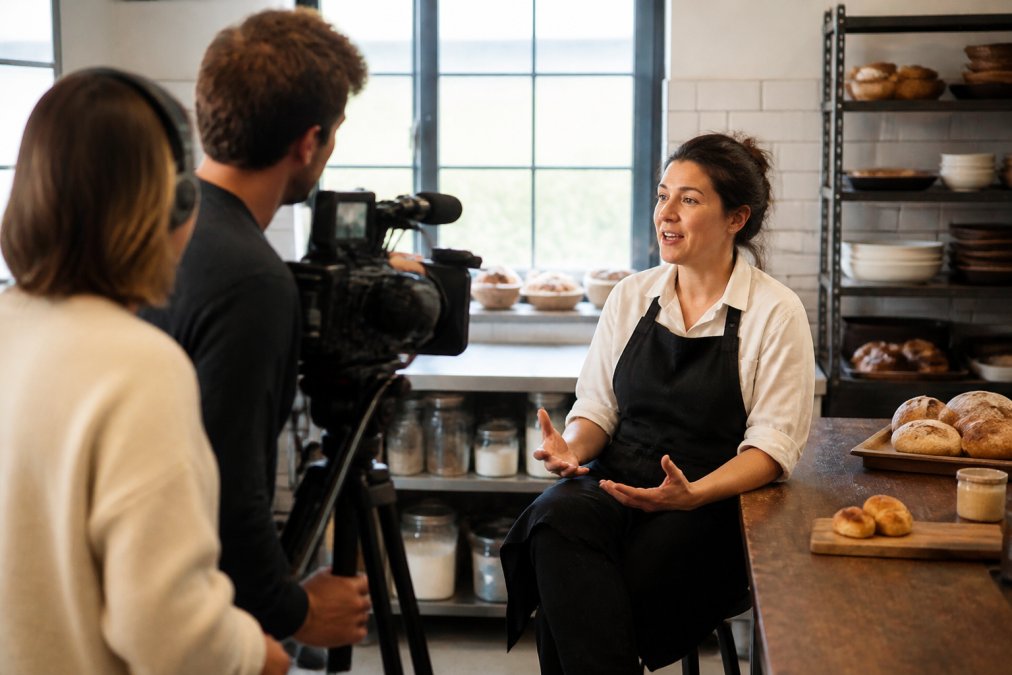 A three-person film crew interviewing a small business owner in her bakery kitchen, soft window light, candid expression mid-sentence, camera operator framing from the side