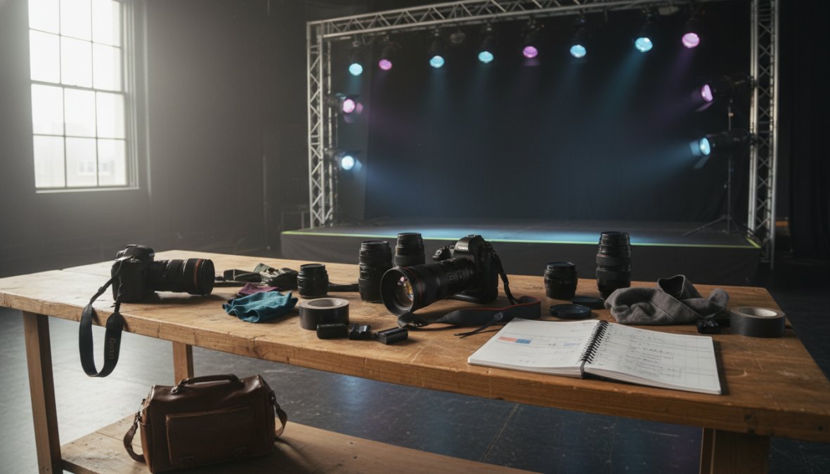 A corporate event photographer reviewing a shot list on a clipboard while standing in a large conference venue before guests arrive, stage lighting visible in the background casting warm amber pools across empty chairs