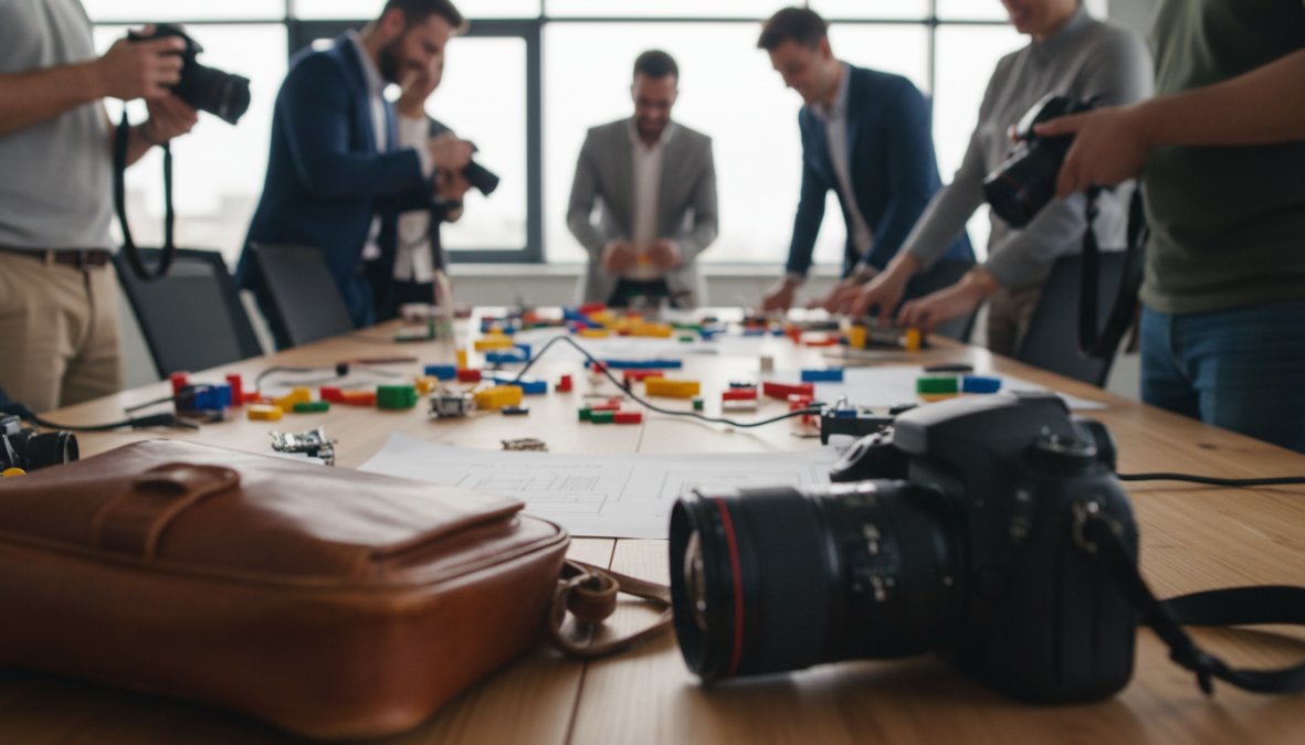 A photographer with a long telephoto lens discreetly capturing networking professionals shaking hands and laughing at a corporate gala, shot from across the room with shallow depth of field blurring the elegant venue background