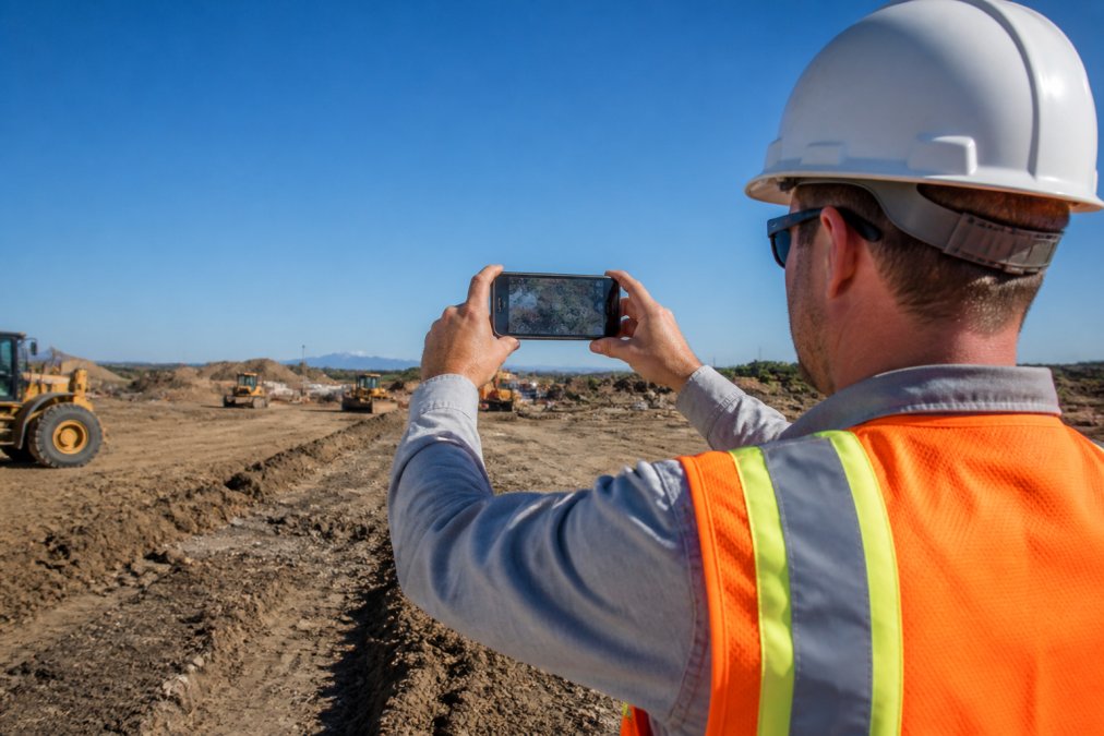 A field inspector wearing a high-visibility orange vest standing on an active construction site, holding an Android smartphone horizontally with the GPS location screen visible, under a wide open blue sky with no overhead obstructions