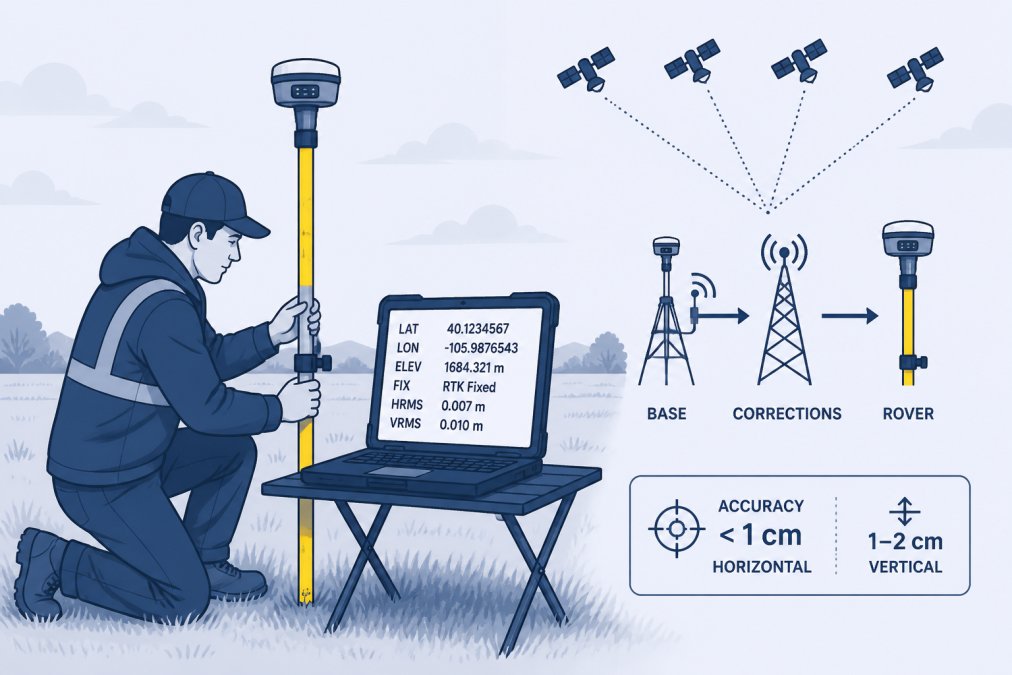 An environmental consultant kneeling in a grassy field, setting up a compact RTK GNSS receiver mounted on a bright yellow survey pole, with a rugged laptop open on a folding table beside them showing coordinate readout data, overcast daylight