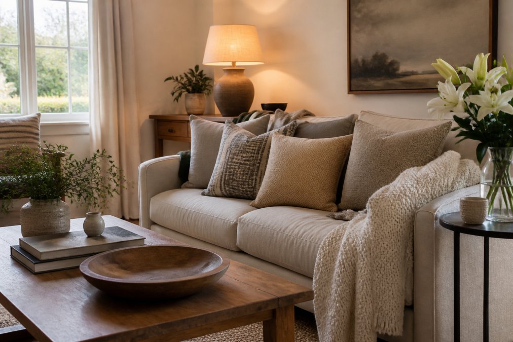 Well-staged living room with warm ambient lighting, neutral furnishings, fresh flowers on a side table, and an inviting sofa arrangement with layered textures and throws
