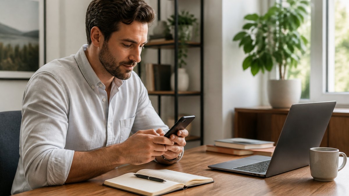 A freelance consultant at a tidy desk quickly typing a task into a smartphone app, with a laptop showing a calendar and a notebook nearby in a bright home office
