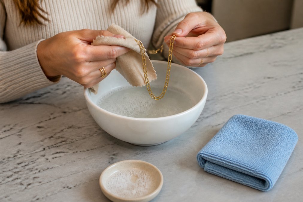 Woman gently cleaning a 14k gold fill necklace with a soft cloth and soapy water on a marble countertop