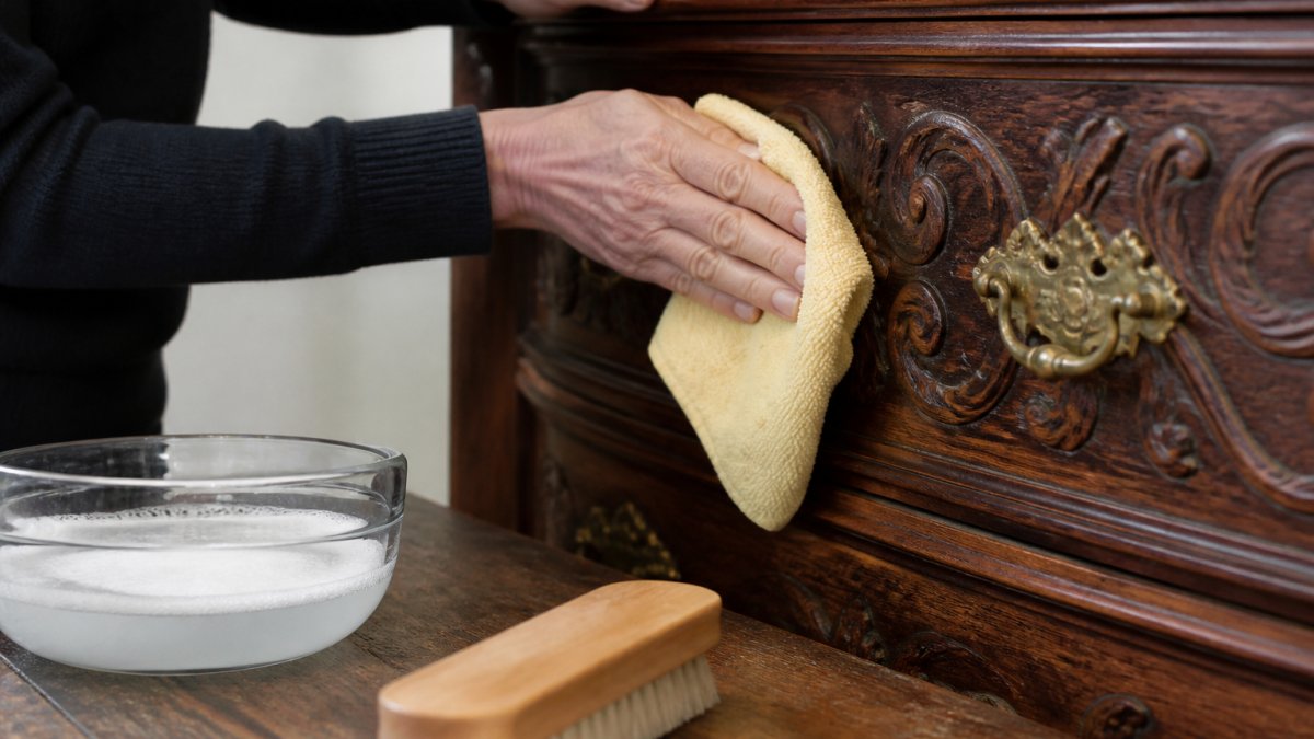 Close-up of hands using a soft microfiber cloth to gently wipe dust from an ornate wooden furniture piece, with a natural bristle brush and mild soap solution in a glass bowl visible nearby on a wooden table