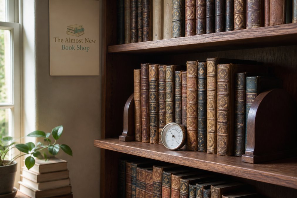 Antique books neatly arranged on a wooden shelf with a hygrometer under soft natural light in a home library