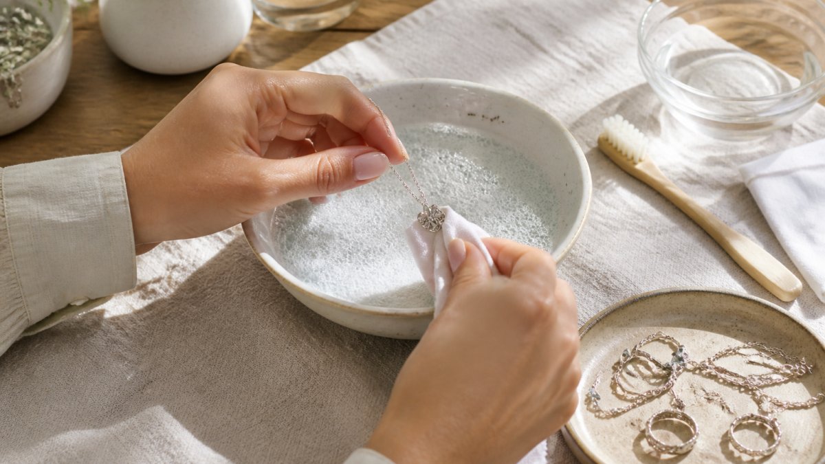 Close-up of hands gently cleaning a delicate sterling silver necklace with a soft cloth and warm soapy water in a shallow ceramic dish, natural light streaming across the workspace