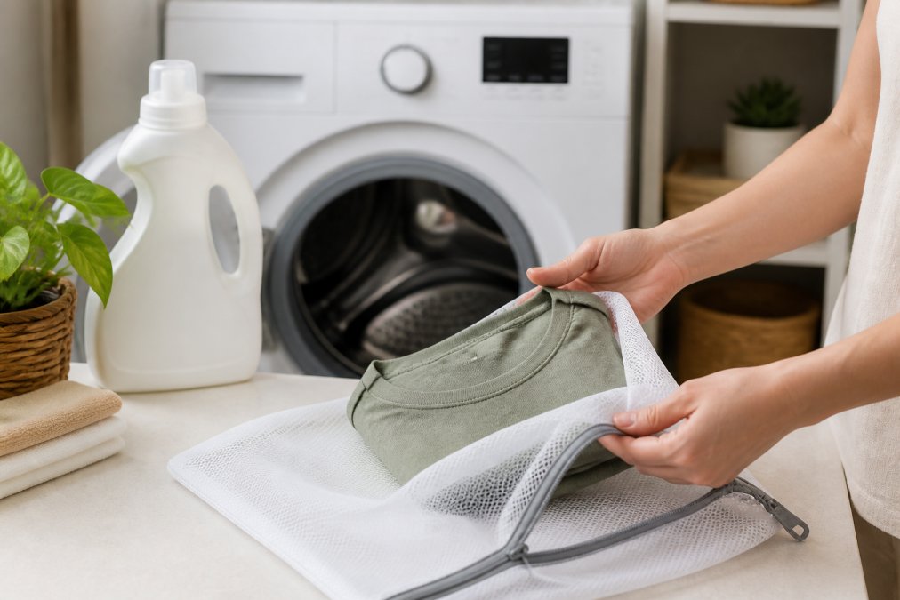 A woman's hands placing a folded bamboo-modal t-shirt into a mesh laundry bag next to a front-loading washing machine set to delicate cycle, with a bottle of mild detergent visible on a laundry counter