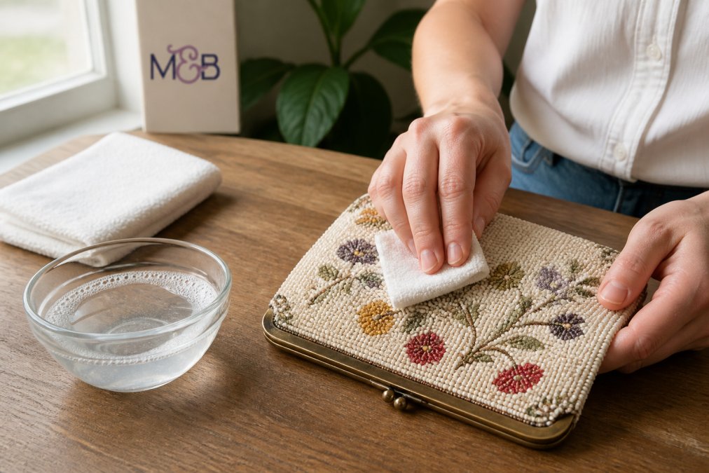 Step-by-step guide for gently cleaning vintage beaded pouches with soap and water