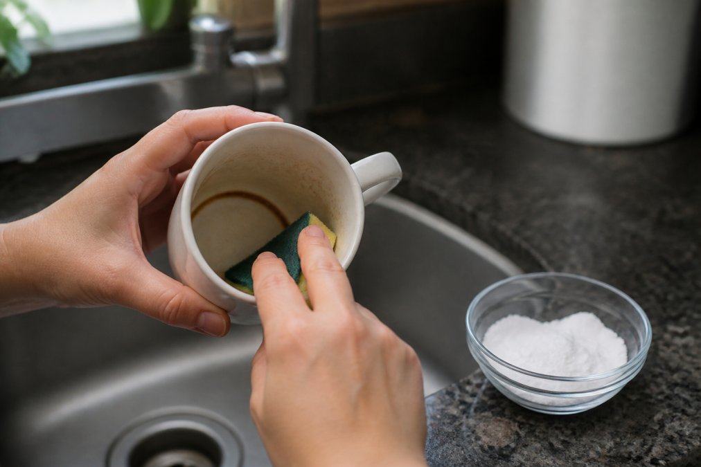 Close-up of hands gently scrubbing the inside of a ceramic mug with a soft sponge in a kitchen sink, with a small bowl of baking soda nearby