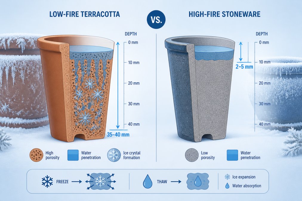 Cross-section diagram showing water penetration depth in low-fire terracotta versus high-fire stoneware, with ice crystal formation illustrated in the porous low-fire clay; frost-covered pots in background