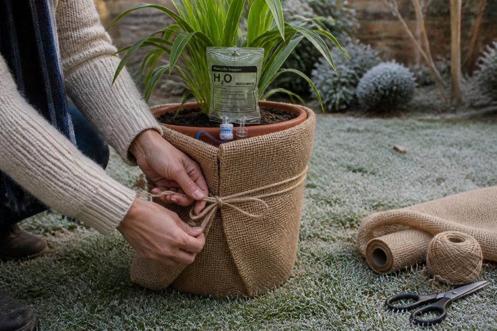 Hands wrapping a ceramic pot with protective burlap and securing it with natural twine in an outdoor garden setting with frost-covered grass, winter afternoon light