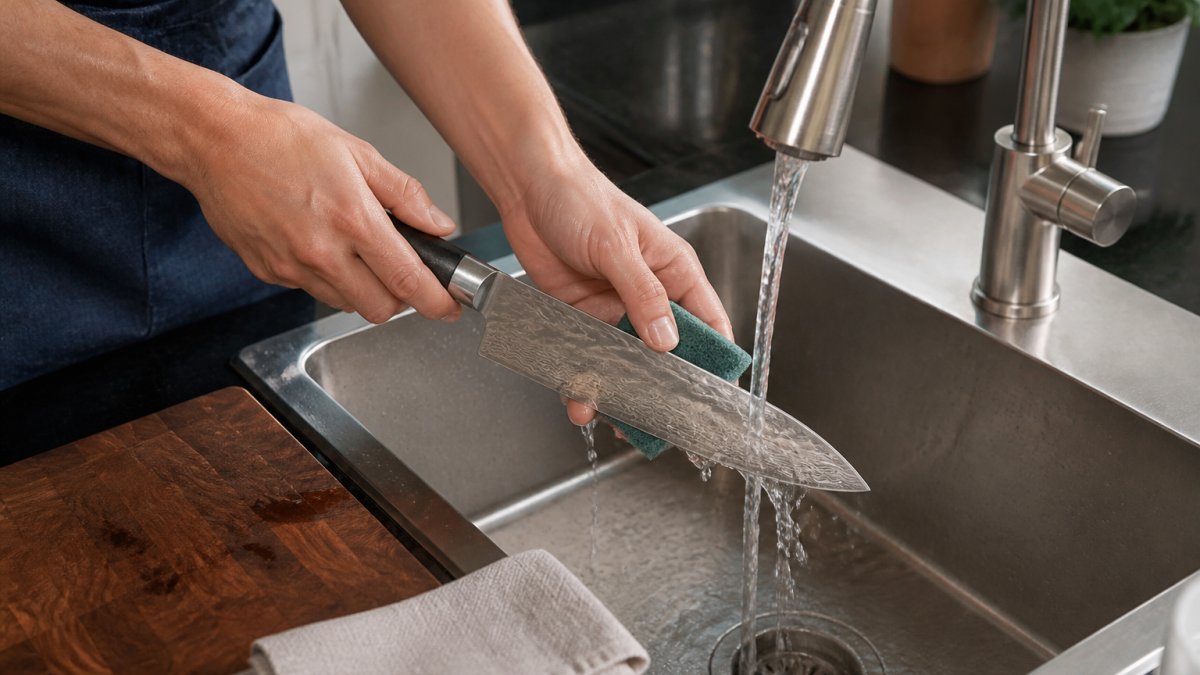 A person gently hand washing a Damascus steel knife under warm running water, using a soft sponge, with a clean towel nearby on a kitchen counter