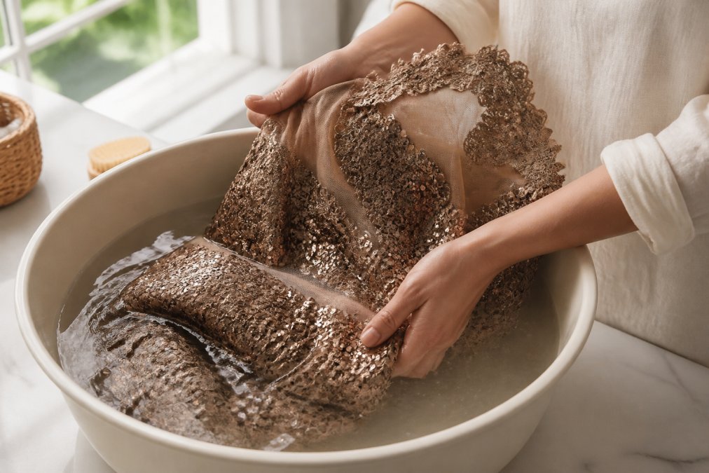Person's hands gently submerging a delicate white lace evening gown into a basin of lukewarm water, with visible blotting motion rather than wringing, natural window lighting illuminating the translucent lace fabric