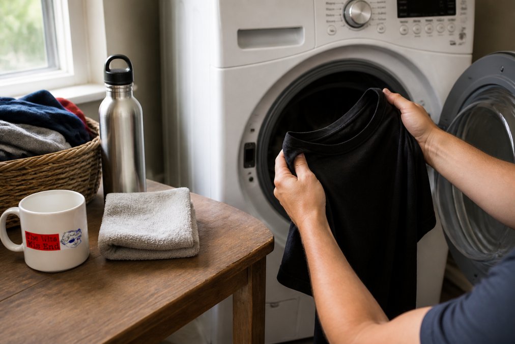 Close-up of hands carefully turning a graphic t-shirt inside out before placing it in a washing machine drum, with soft natural lighting from a window