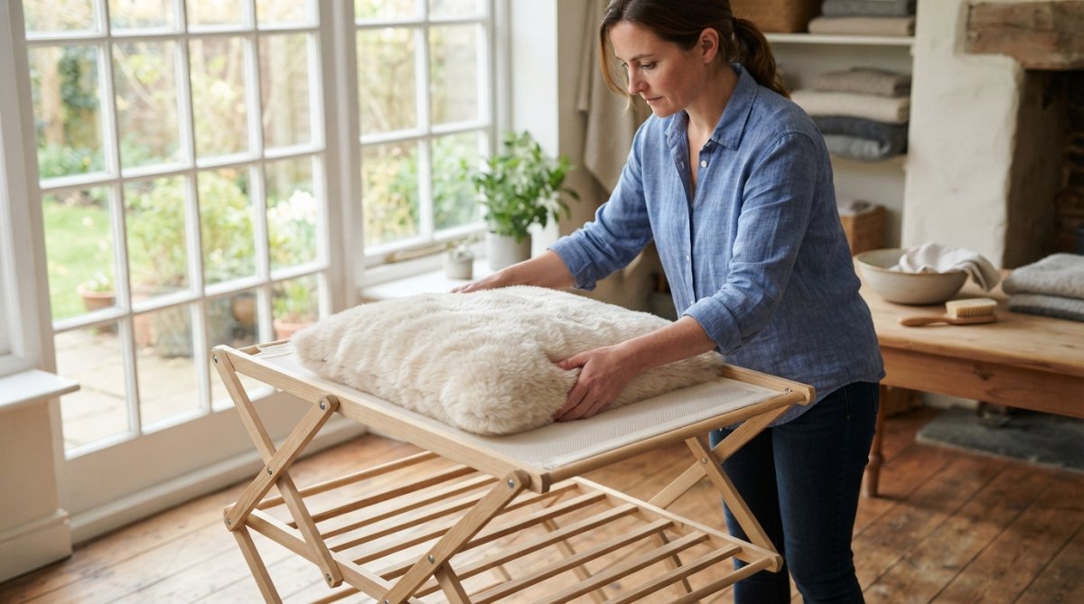 A person laying a plush faux fur pillow flat on a wooden drying rack in a bright, well-ventilated room, natural light streaming through a nearby window