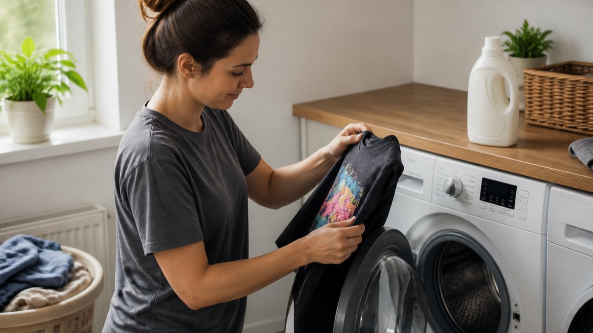 A young adult turning a colorful graphic t-shirt inside out before placing it into a front-loading washing machine in a bright laundry room, with a bottle of mild detergent on the counter nearby