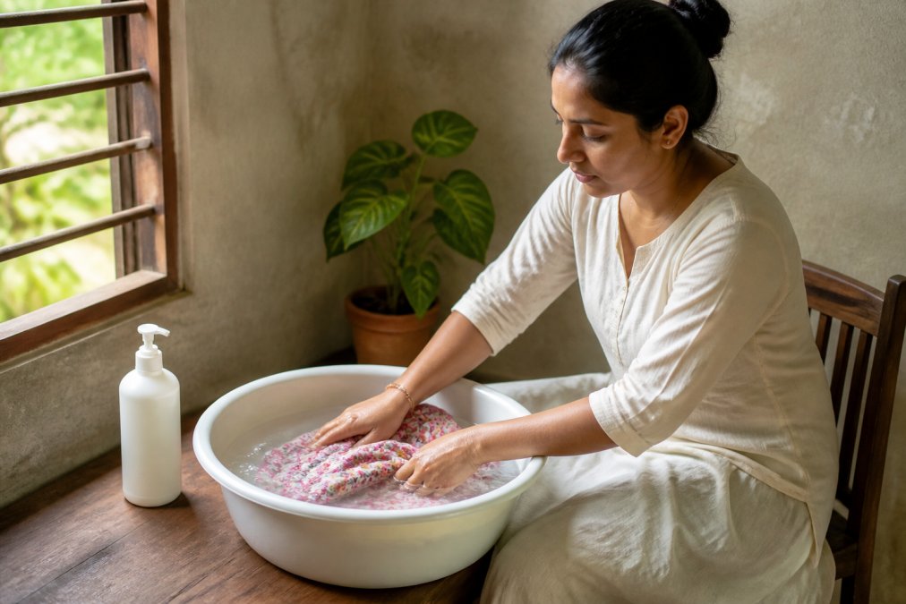 A woman gently hand washing a colorful block printed cotton dress in a basin of cold water, with a bottle of mild detergent on a wooden table beside her, soft daylight from a nearby window