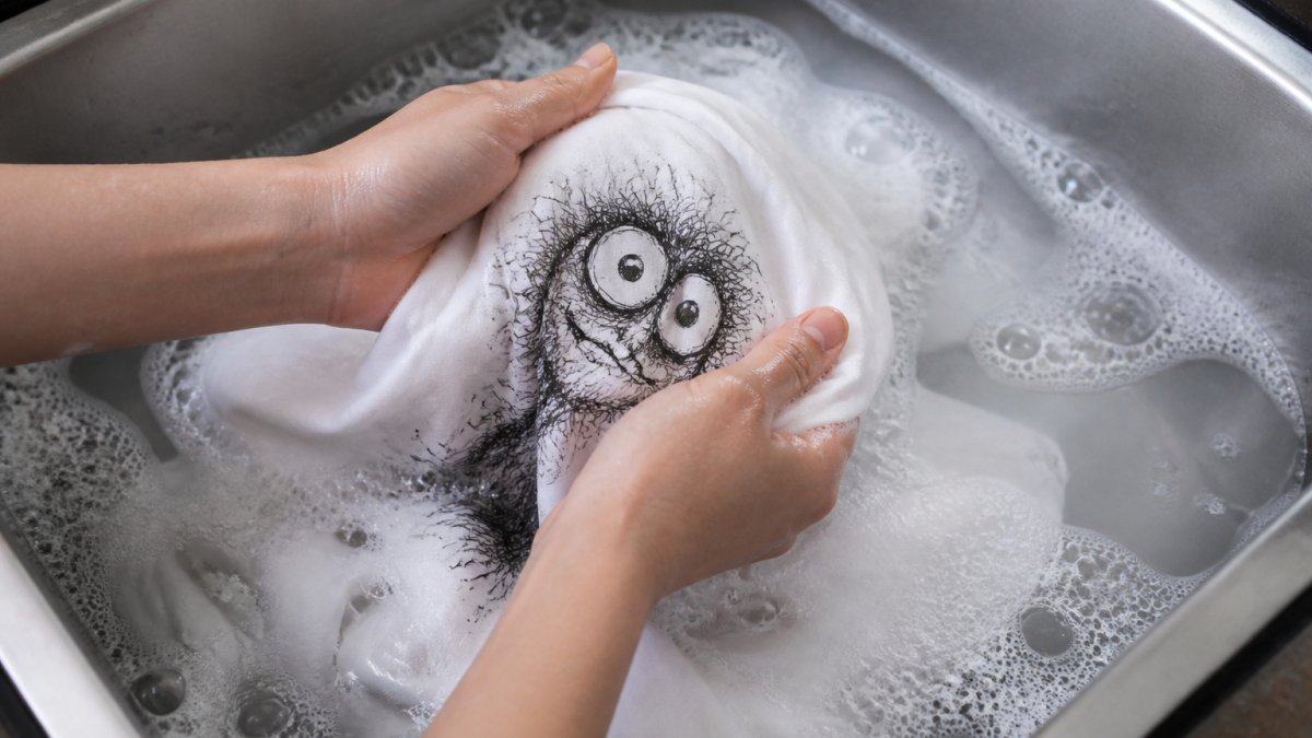Hands gently washing a hand-drawn t-shirt inside-out in a sink basin filled with cool soapy water, showing the careful swishing motion and close-up of the artwork on the fabric