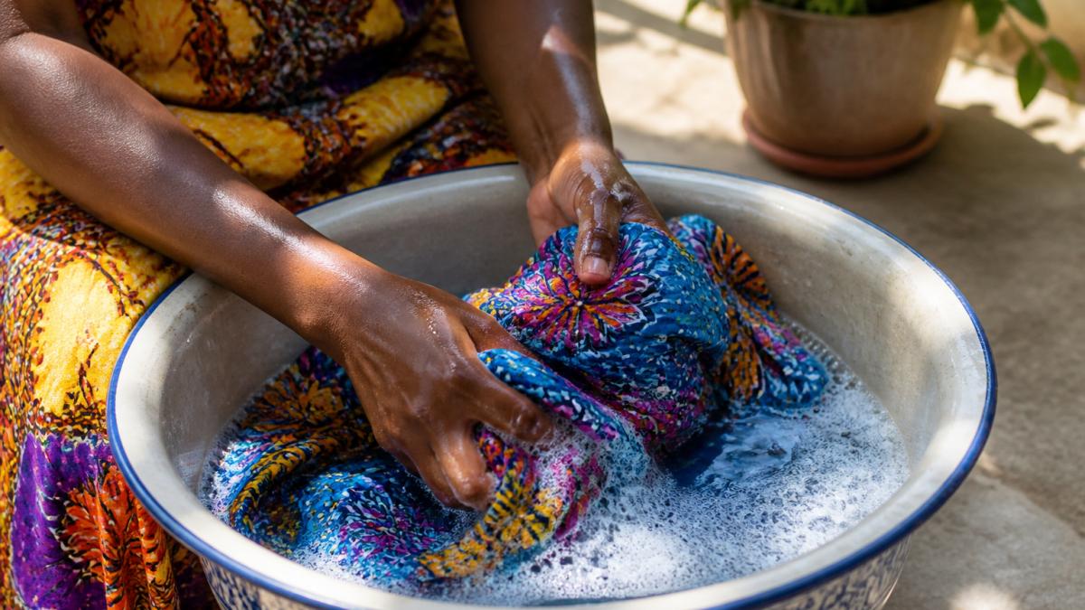 Hands gently washing a vibrant wax print garment with soap suds in a ceramic basin under natural sunlight