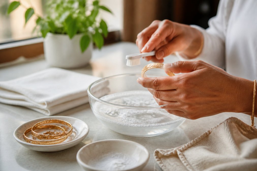 Close-up of hands gently cleaning a gold bracelet with a soft-bristled toothbrush over a bowl of warm soapy water, morning natural light from a window illuminating the delicate work