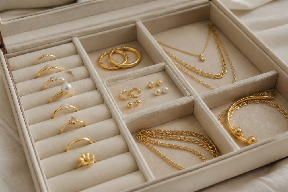 Handcrafted gold jewellery pieces neatly arranged in a soft fabric jewellery box with velvet compartments, showing proper organisation and protective storage
