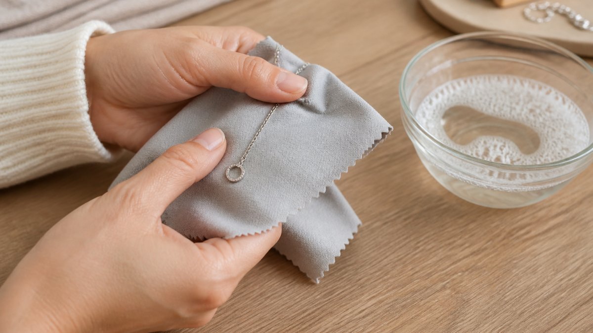 Close-up of hands gently wiping a delicate silver necklace with a soft microfiber cloth on a light wooden table, small bowl of soapy water nearby