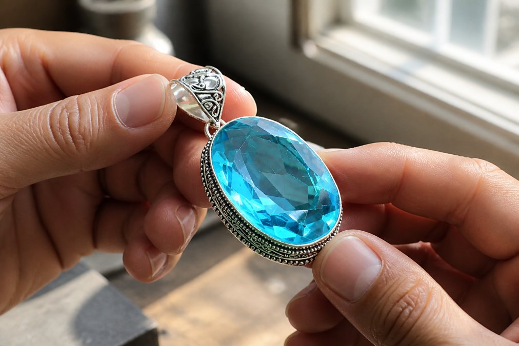 Hands gently examining an intricate silver filigree pendant with delicate twisted metal patterns, natural window light illuminating the fine details and soldered joints