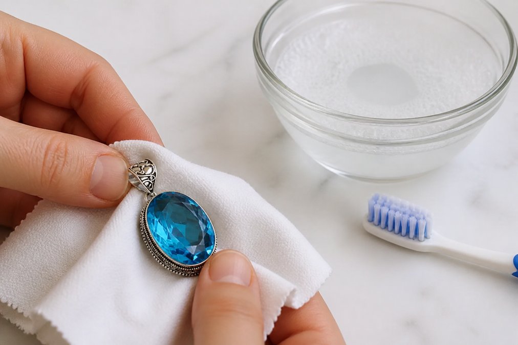 Hands gently patting a delicate silver filigree pendant dry with a soft microfiber cloth on a clean white surface, with a small bowl of soapy water and soft-bristled toothbrush visible in the background