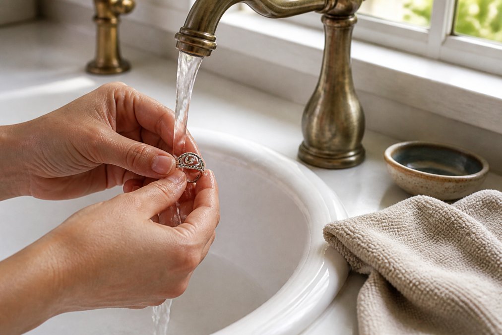 Close-up of hands gently cleaning a sterling silver handmade ring under warm running water with a soft microfiber cloth nearby on a white ceramic bathroom counter, natural window light illuminating the water droplets