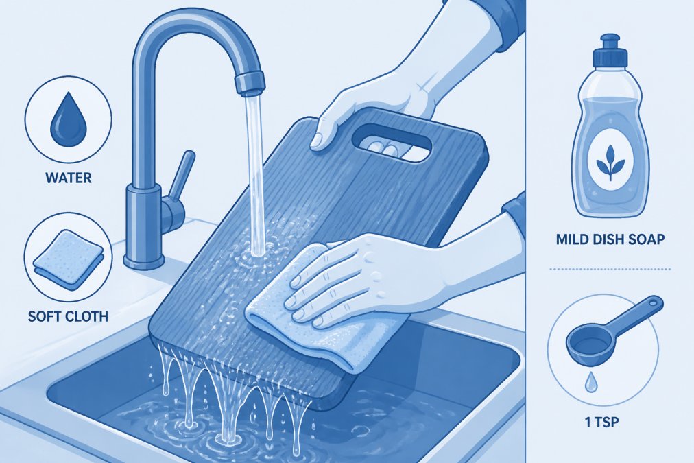 Hands washing a wooden board under running water with a soft cloth and mild dish soap, showing proper cleaning technique with water cascading over the wood surface