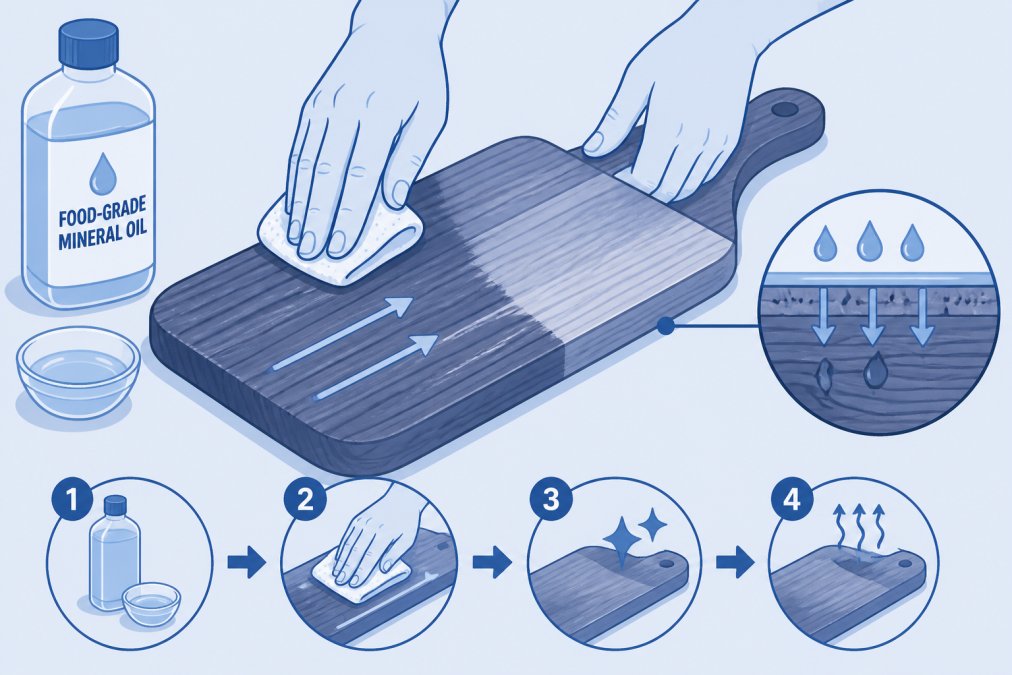 Hands applying food-grade mineral oil to a wooden board with a cloth, showing even application strokes along the wood grain with visible absorption into the surface