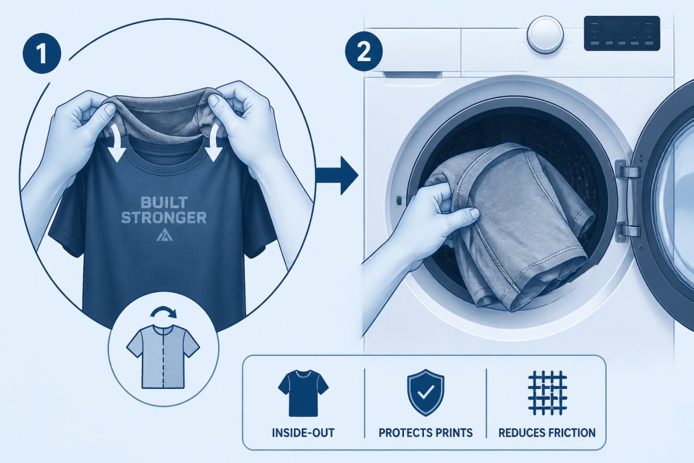 Close-up of hands turning a heavyweight cotton tee inside-out before loading it into a washing machine, showing proper garment positioning