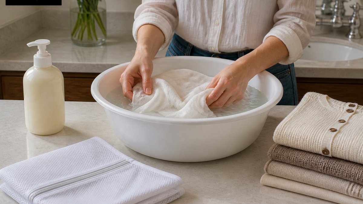 A woman's hands gently hand-washing a delicate linen blouse in a basin of cool water on a bright bathroom counter, with a folded mesh laundry bag and a bottle of gentle detergent nearby
