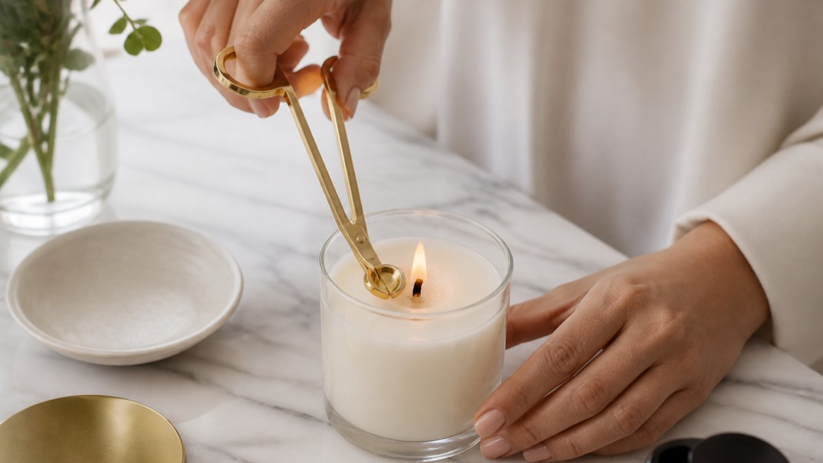 Close-up of hands using a gold wick trimmer to trim the blackened wick of a lit soy candle in a glass jar, with soft natural light and a marble tabletop
