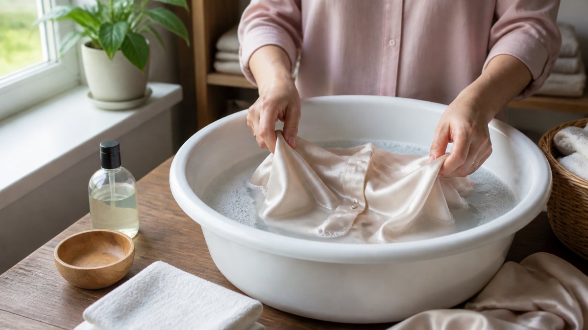 A woman's hands gently hand-washing a silk blouse in a basin of cool water with a mild detergent, soft bubbles visible, natural light from a nearby window