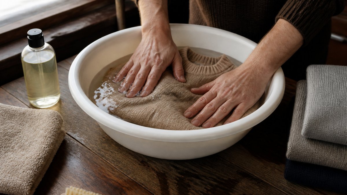 Hands gently pressing a wool sweater in a basin of lukewarm water with mild detergent nearby