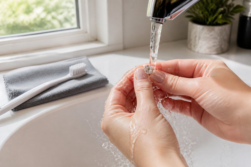 Close-up of hands holding a moissanite ring under warm running water, with a soft-bristled toothbrush and microfiber cloth visible on a clean white sink nearby, natural daylight streaming through window