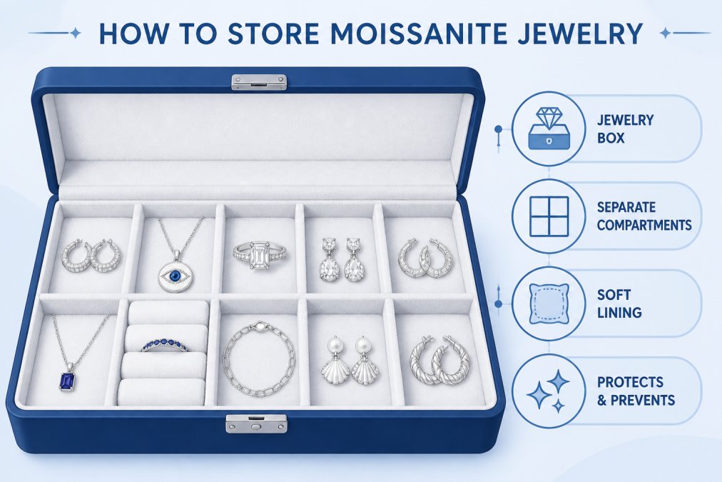 Moissanite jewelry pieces neatly organized in a lined jewelry box with individual fabric-lined compartments, showing proper separation and storage with soft white lining visible