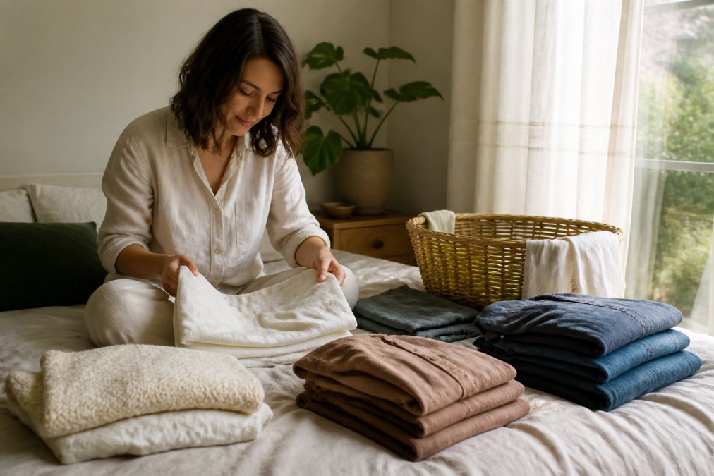 A woman sorting natural fibre clothes into piles on a bed, with a laundry basket nearby and soft daylight filtering through a window