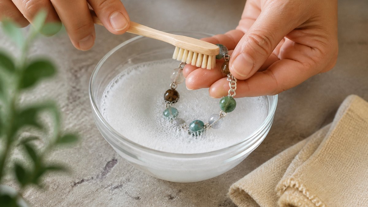 Close-up of hands gently cleaning a gemstone bracelet with a soft toothbrush in a small bowl of warm soapy water, showing the gentle scrubbing technique