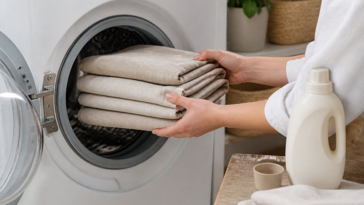 Close-up of hands gently placing folded organic linen sheets into a washing machine, with a mild detergent bottle visible on the side